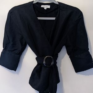 Zara black linen viscose blend wrap top US4
